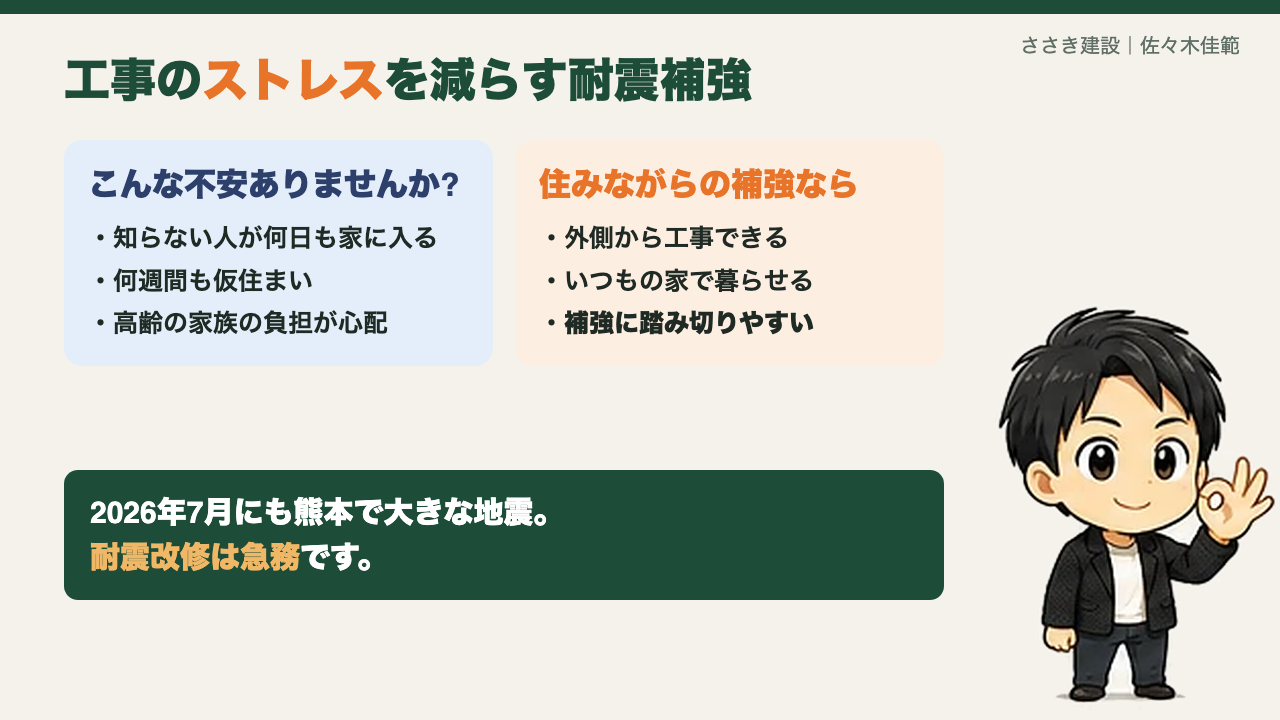 工事のストレスを減らす耐震補強(仮住まい不要・いつもの家で暮らせる)