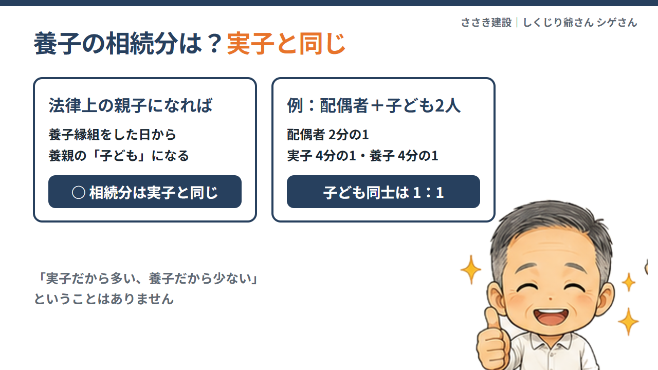 養子と実子の相続分は同じ。配偶者と子ども2人なら実子も養子も4分の1